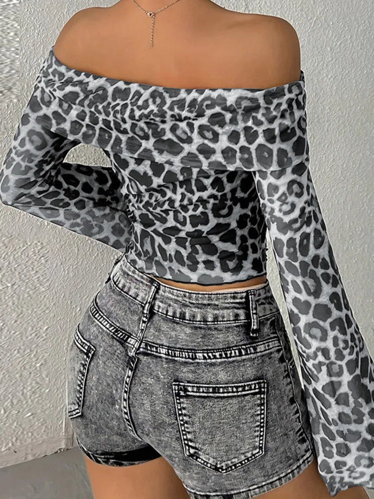 Leopard Print Bardot Crop Top Crop Tops | Chuzko.com