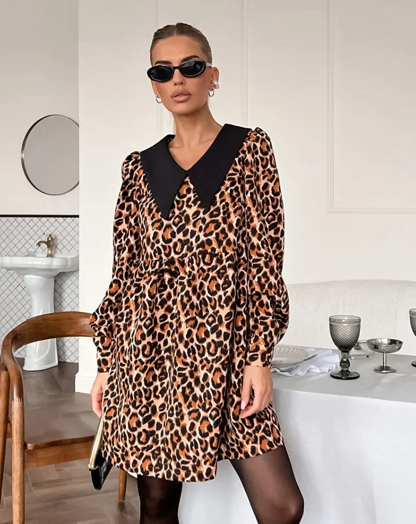 Leopard Print Peter Pan Dress Animal Print Dresses | Chuzko.com