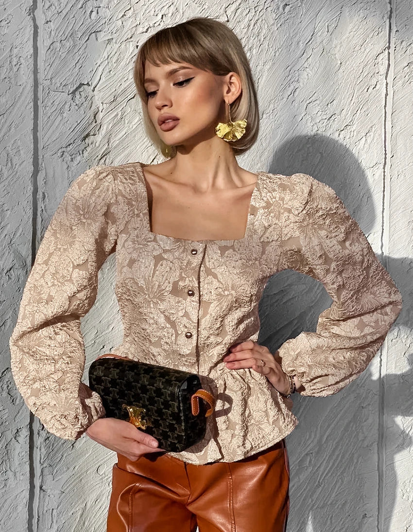 Chic Floral Jacquard Peplum Top with Puff Sleeves	