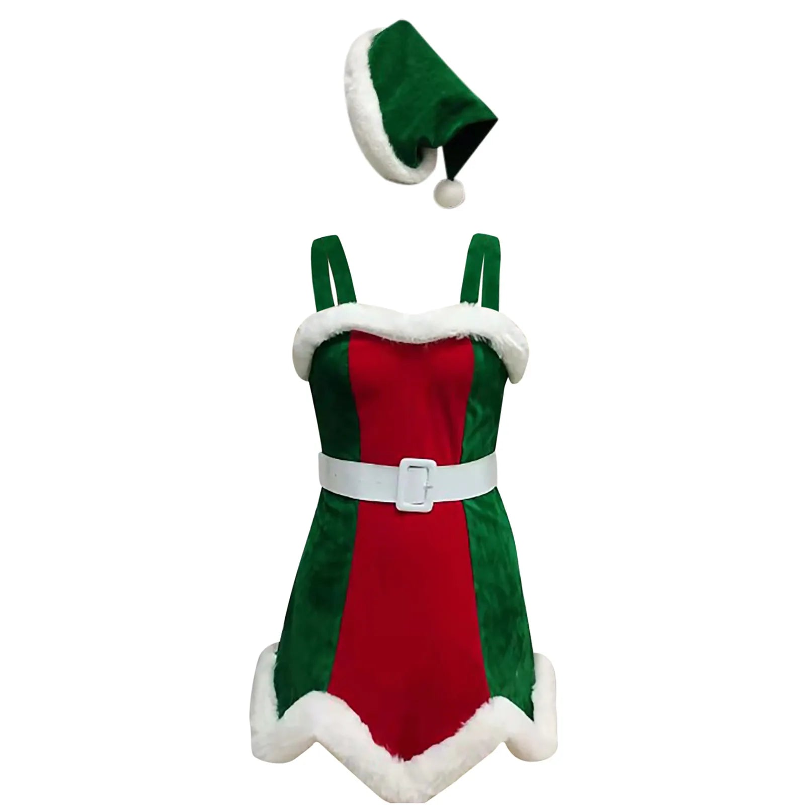 Holiday Christmas Dress Cosplay Outfit Belted Dress with Hat Xmas | Chuzko.com