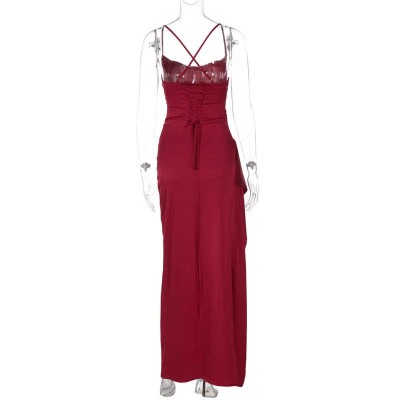 Elegant Wedding Guest Satin Maxi Dress with High Slit & Lace-Up | Chuzko.com