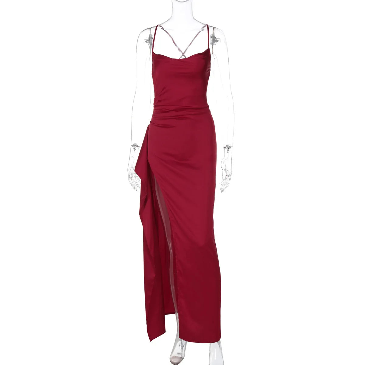 Elegant Wedding Guest Satin Maxi Dress with High Slit & Lace-Up | Chuzko.com