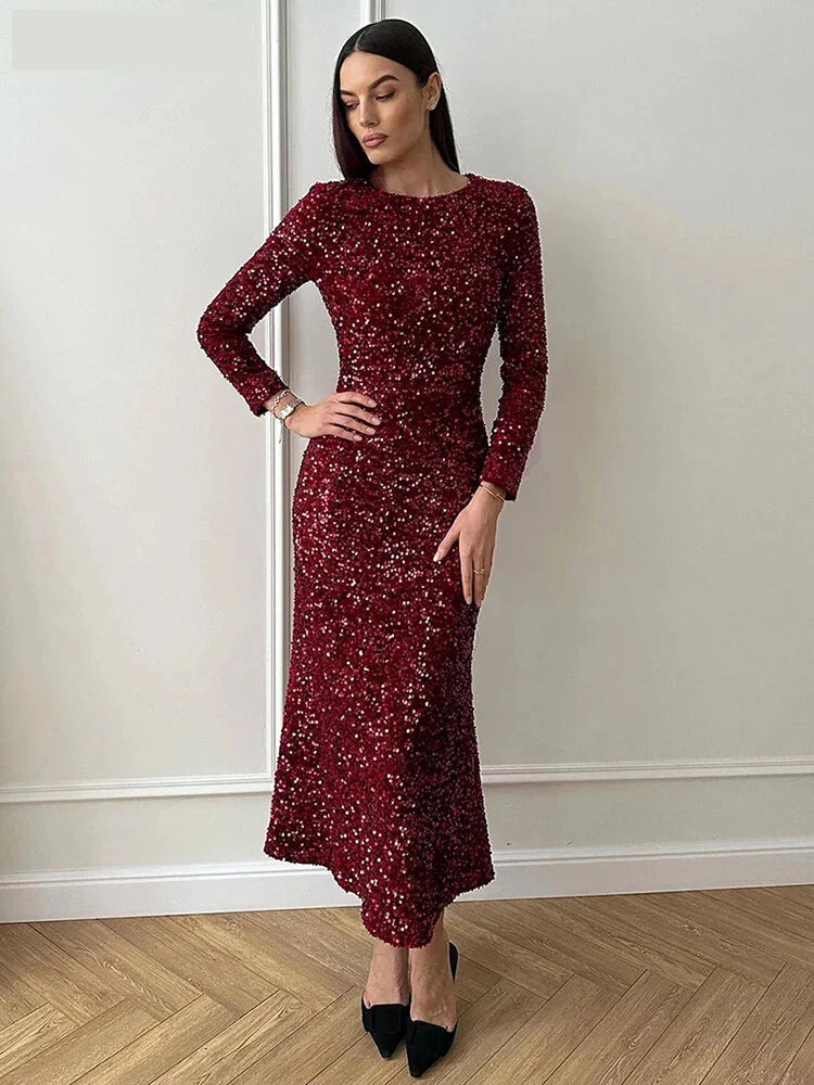 Elegant Sequin Sparkle Winter Midi Dress Elegant Dresses | Chuzko.com