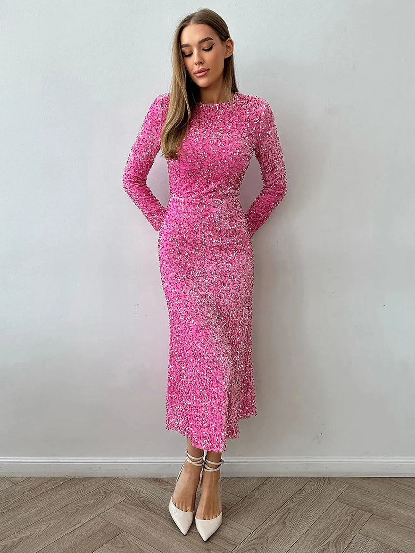 Elegant Sequin Sparkle Winter Midi Dress Elegant Dresses | Chuzko.com