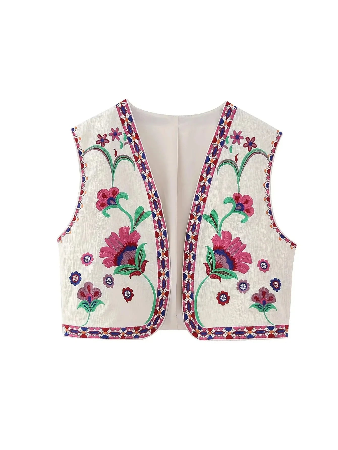 Artisanal Embroidered Cropped Waistcoat - Women Vintage Vest | Chuzko.com