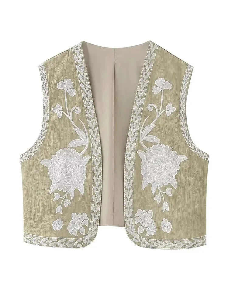 Artisanal Embroidered Cropped Waistcoat - Women Vintage Vest | Chuzko.com