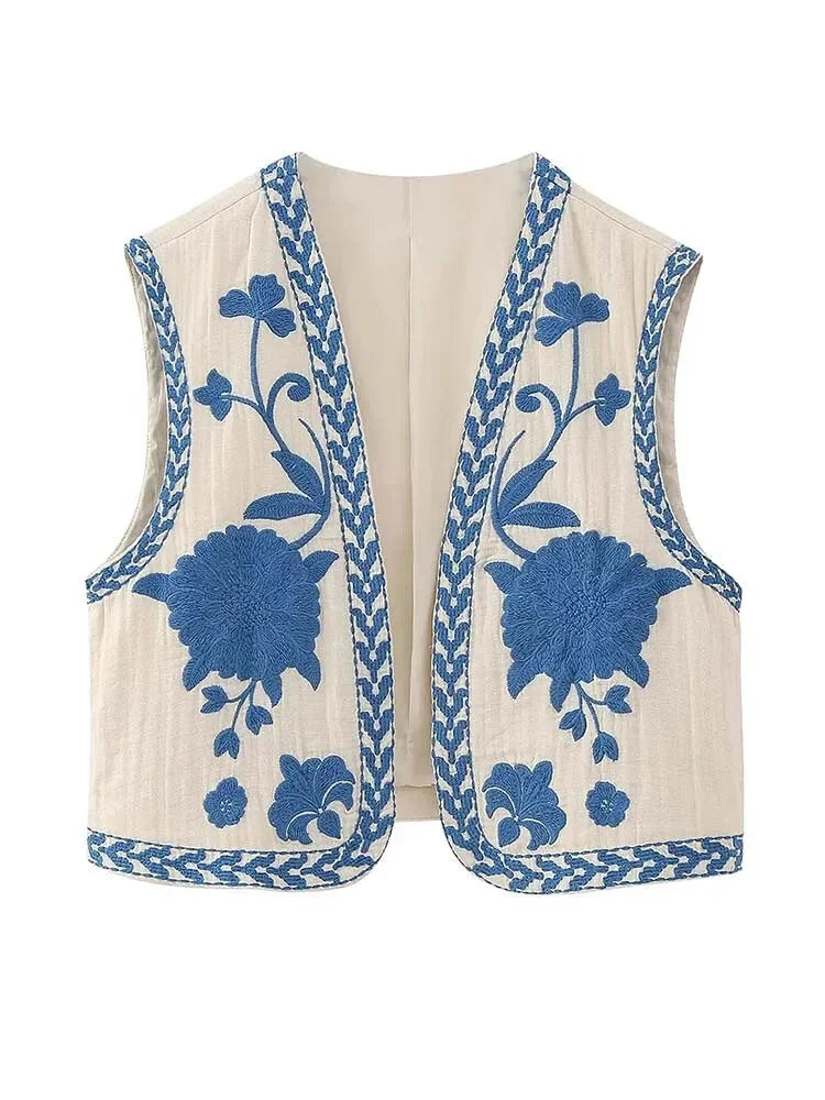 Artisanal Embroidered Cropped Waistcoat - Women Vintage Vest | Chuzko.com