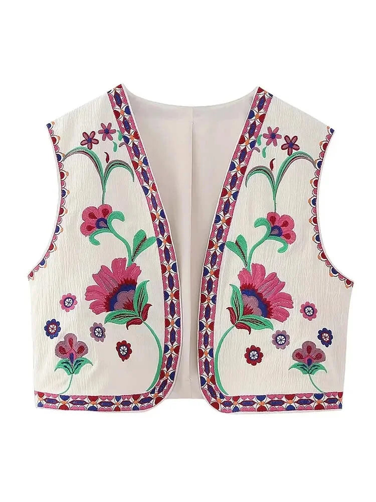 Artisanal Embroidered Cropped Waistcoat - Women Vintage Vest | Chuzko.com