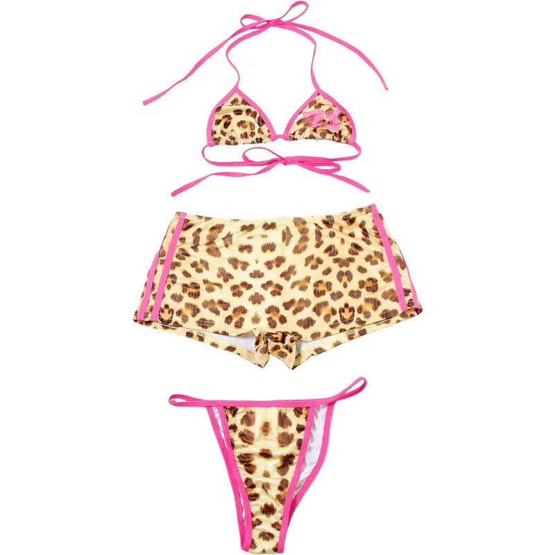 3-Piece Leopard Print Bikini Triangle Bra Swimsuit Set with | Chuzko.com