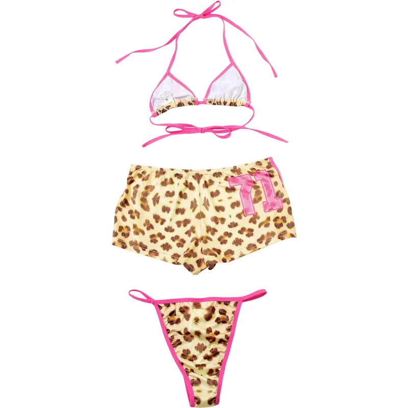 3-Piece Leopard Print Bikini Triangle Bra Swimsuit Set with | Chuzko.com