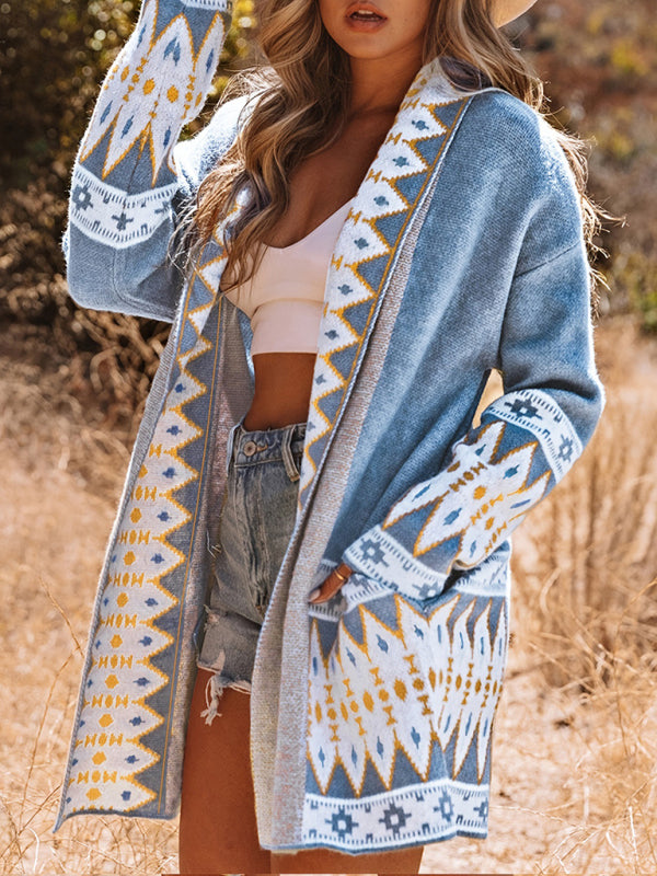 Aztec Knit Cardigan Autumn Open-Front Layer Cardigans | Chuzko.com