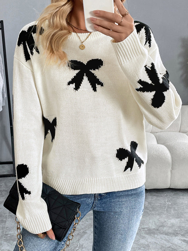 Bow Pattern Knit Jumper Motif Sweater for Fall Sweaters | Chuzko.com