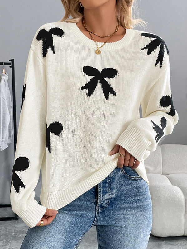 Bow Pattern Knit Jumper Motif Sweater for Fall Sweaters | Chuzko.com