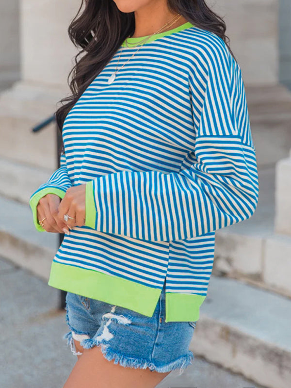 Stripe Neon Accent Top Lounge Loose Sweatshirt Pullovers | Chuzko.com