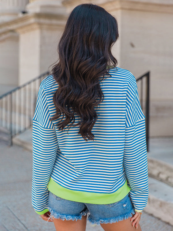 Stripe Neon Accent Top Lounge Loose Sweatshirt Pullovers | Chuzko.com