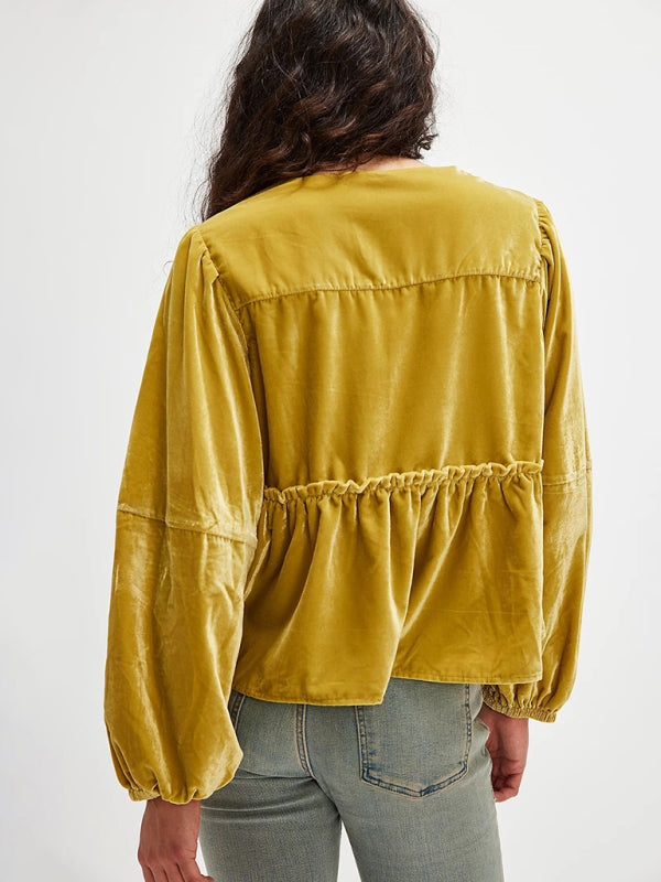 Mustard Velvet Peplum Blouse Tie-Up Velour Top Blouses | Chuzko.com