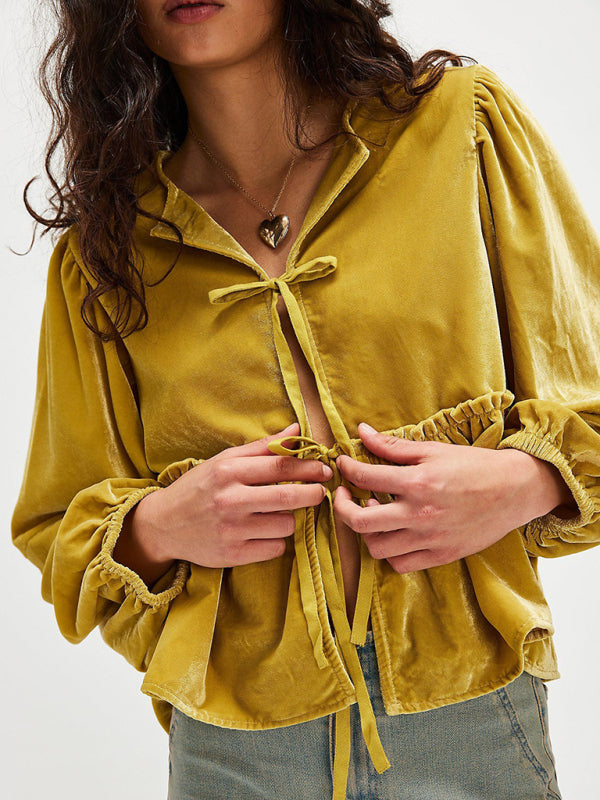 Mustard Velvet Peplum Blouse Tie-Up Velour Top Blouses | Chuzko.com