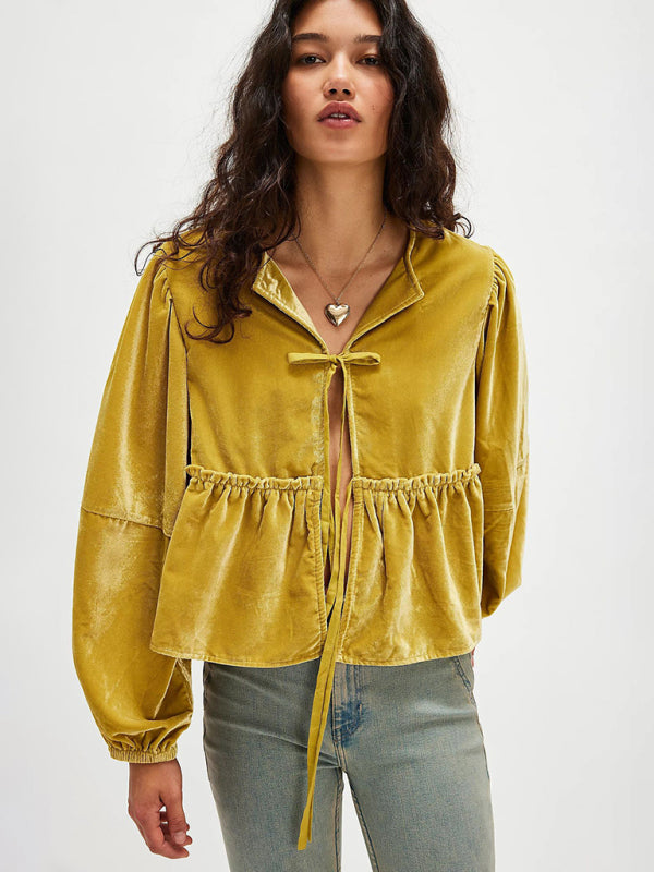 Mustard Velvet Peplum Blouse Tie-Up Velour Top Blouses | Chuzko.com