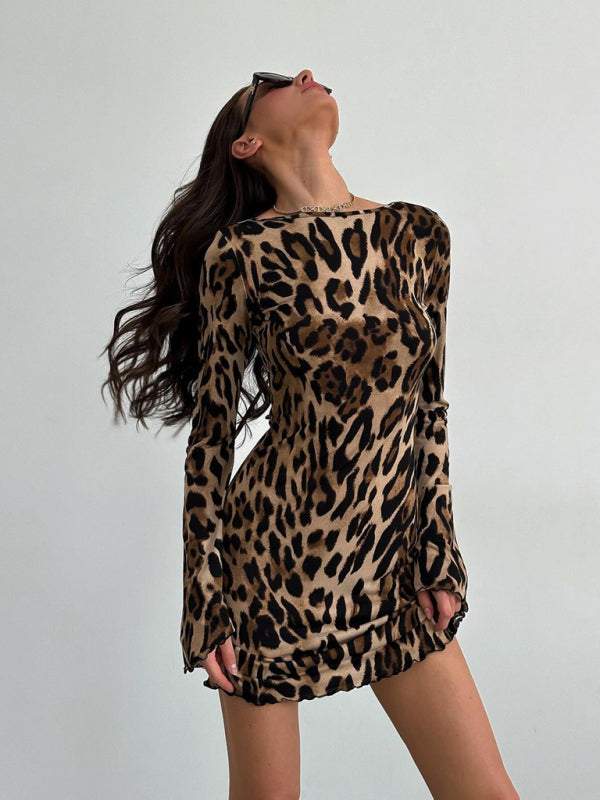 Bell Sleeve Leopard Mini Dress for Runway Events Mini Dresses | Chuzko.com