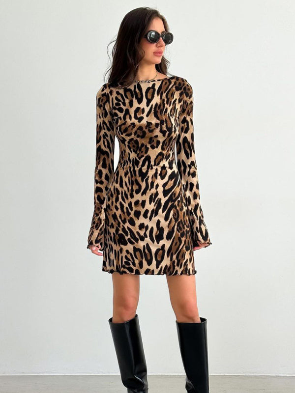 Bell Sleeve Leopard Mini Dress for Runway Events Mini Dresses | Chuzko.com