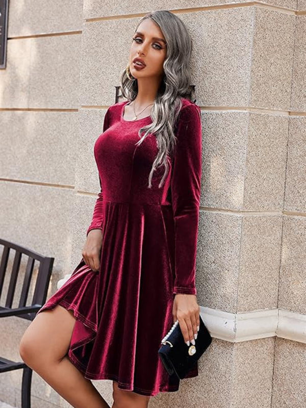 Holiday Velour Burgundy Velvet Flare Dress Velvet Dresses | Chuzko.com