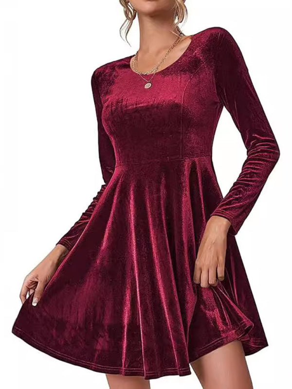 Holiday Velour Burgundy Velvet Flare Dress Velvet Dresses | Chuzko.com