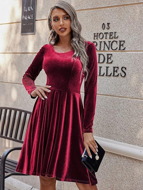 Holiday Velour Burgundy Velvet Flare Dress Velvet Dresses | Chuzko.com