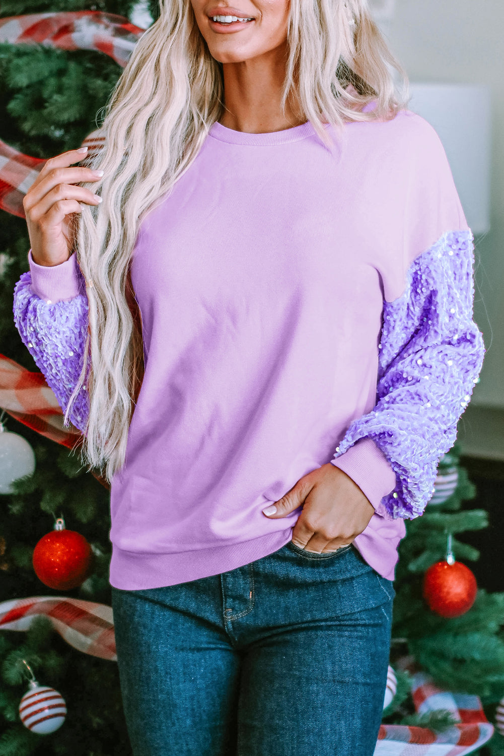 Sequin Sleeve Winter Top Sparkle Pullover Long Sleeve Tops | Chuzko.com