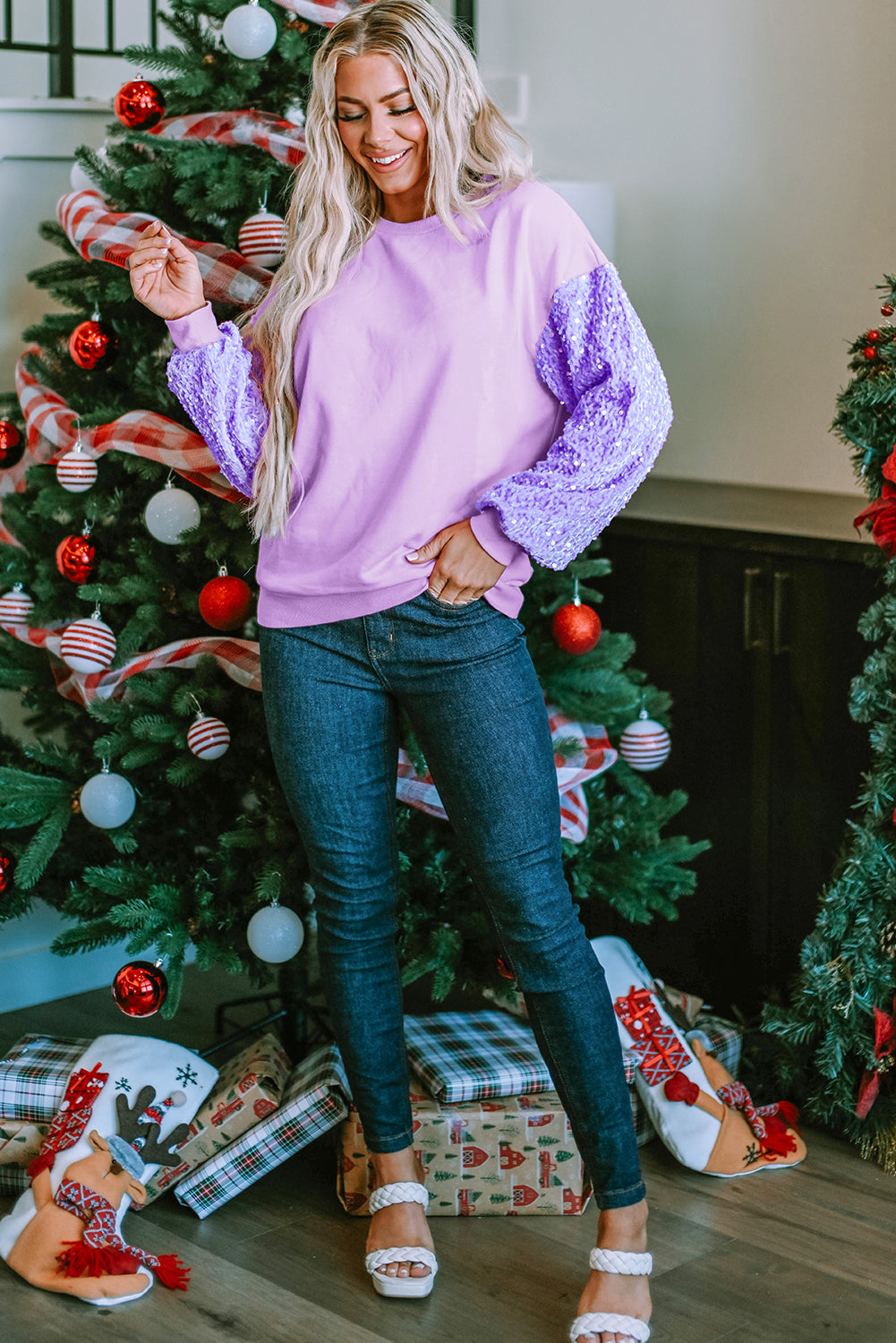 Sequin Sleeve Winter Top Sparkle Pullover Long Sleeve Tops | Chuzko.com