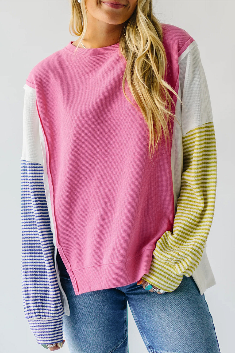 Trendy Pink Patchwork Color Block Sweater for Women	