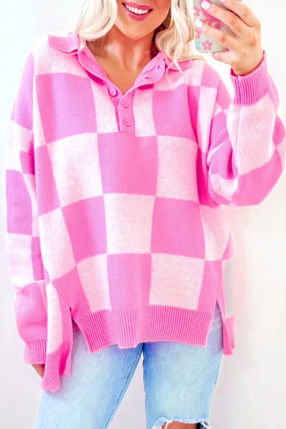 Bold Pink Checkerboard Sweater: Button-Up Collared Design	