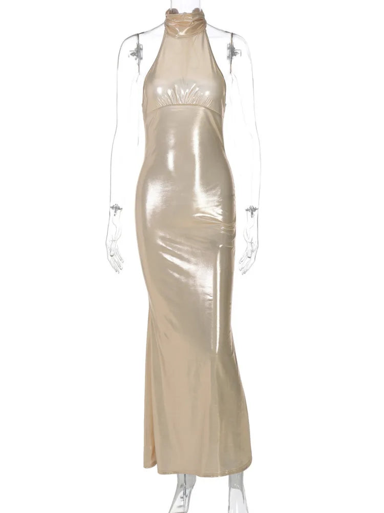 Metallic Sheen Halter Gown Elegant Evening Dress Evening Dresses | Chuzko.com