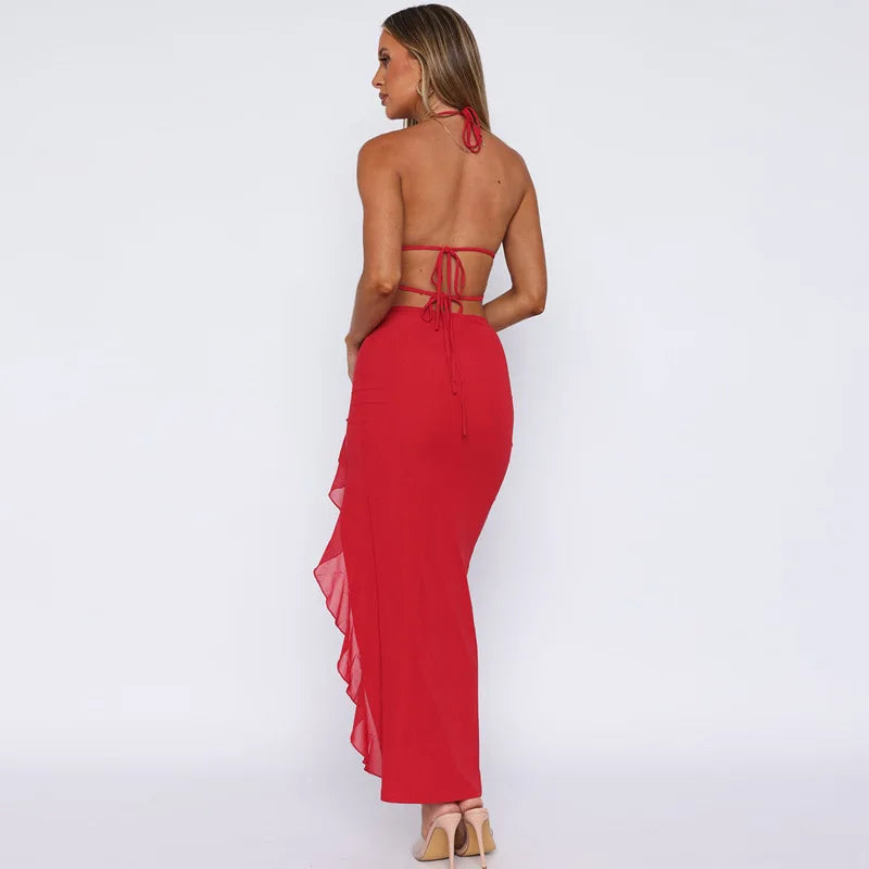 Halter Evening Gown Ruffle Backless Evening Dress Evening Dresses | Chuzko.com