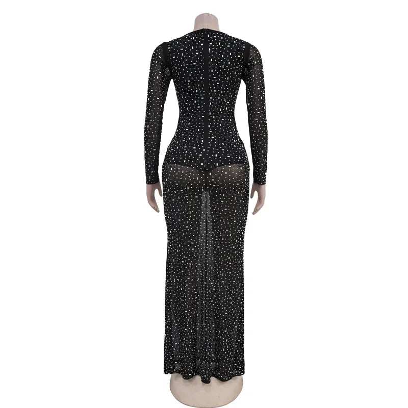 Rhinestone Embellished Evening Gown Sparkle Maxi Dress Clubbing | Chuzko.com