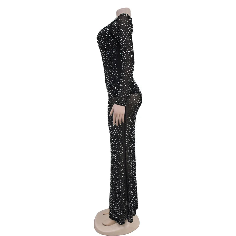 Rhinestone Embellished Evening Gown Sparkle Maxi Dress Clubbing | Chuzko.com