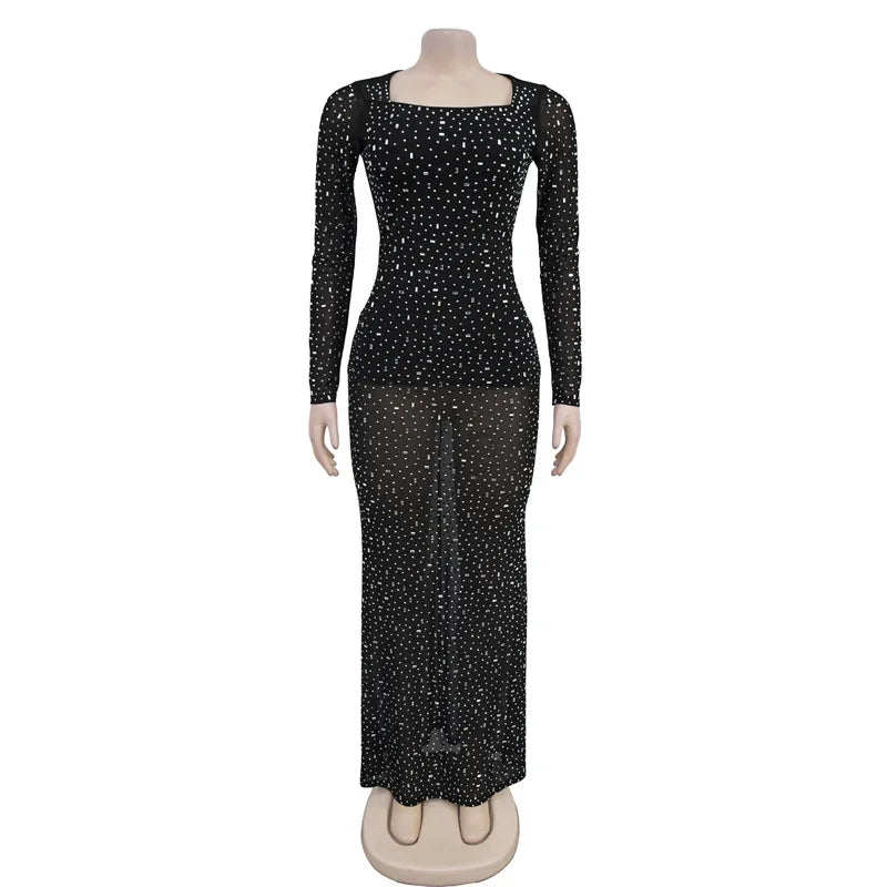 Rhinestone Embellished Evening Gown Sparkle Maxi Dress Clubbing | Chuzko.com