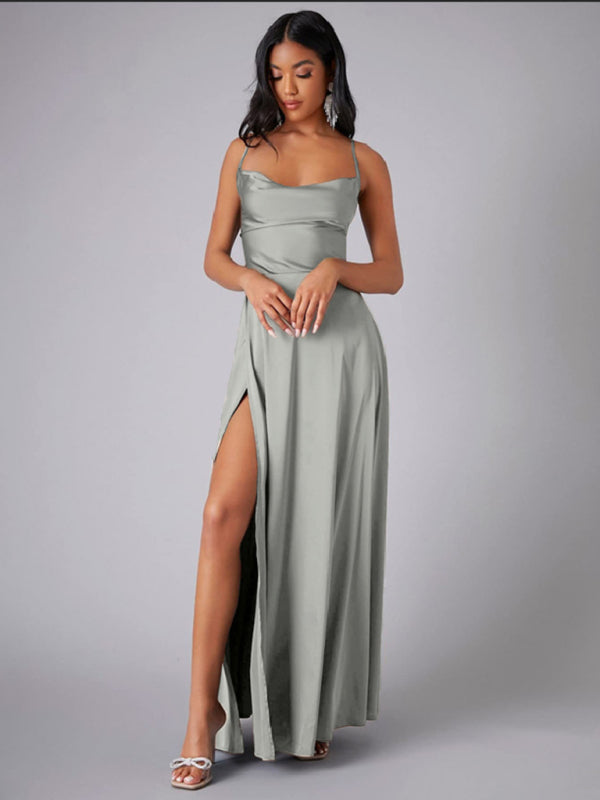 Elegant Satin Evening Gown Backless Floor-Length Dress Elegant | Chuzko.com