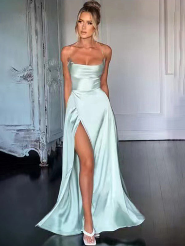 Elegant Satin Evening Gown Backless Floor-Length Dress Elegant | Chuzko.com