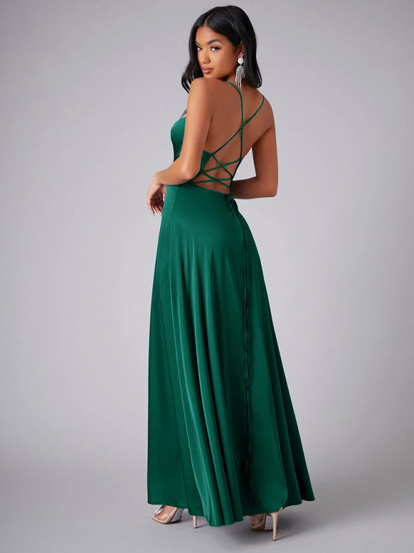 Elegant Satin Evening Gown Backless Floor-Length Dress Elegant | Chuzko.com