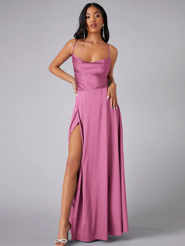 Elegant Satin Evening Gown Backless Floor-Length Dress Elegant | Chuzko.com