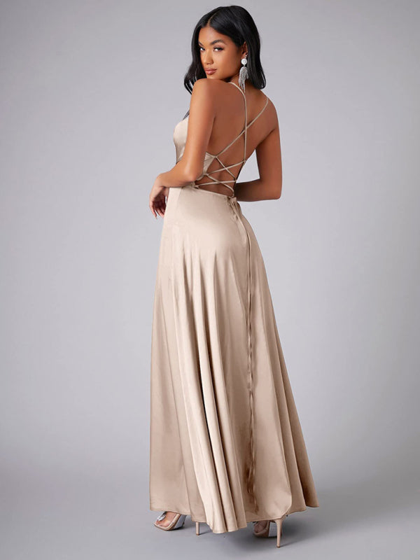 Elegant Satin Evening Gown Backless Floor-Length Dress Elegant | Chuzko.com