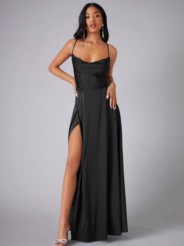 Elegant Satin Evening Gown Backless Floor-Length Dress Elegant | Chuzko.com