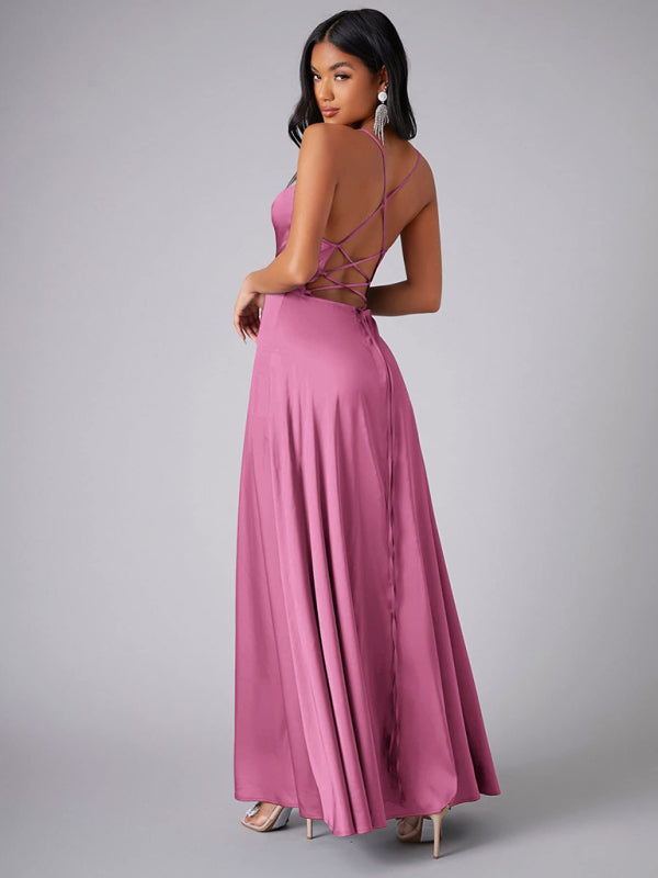 Elegant Satin Evening Gown Backless Floor-Length Dress Elegant | Chuzko.com