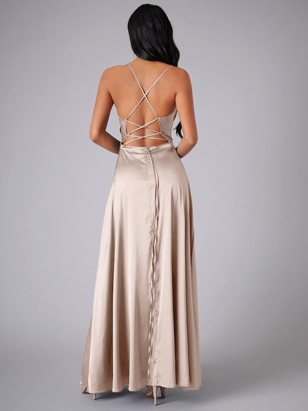 Elegant Satin Evening Gown Backless Floor-Length Dress Elegant | Chuzko.com