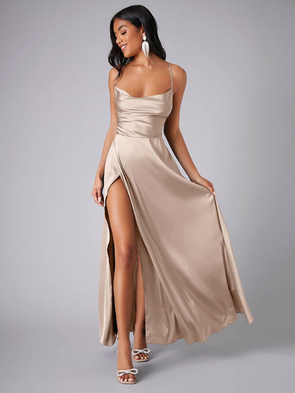 Elegant Satin Evening Gown Backless Floor-Length Dress Elegant | Chuzko.com