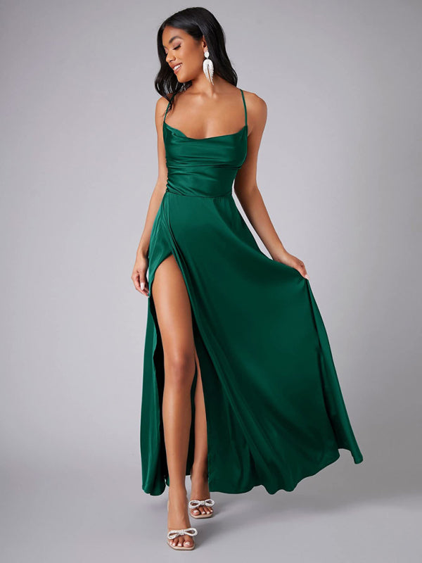 Elegant Satin Evening Gown Backless Floor-Length Dress Elegant | Chuzko.com