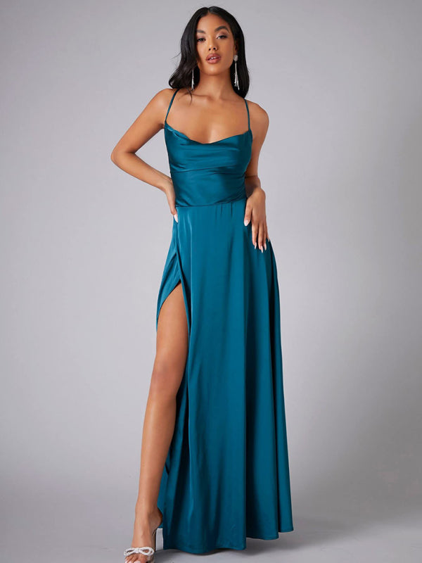 Elegant Satin Evening Gown Backless Floor-Length Dress Elegant | Chuzko.com