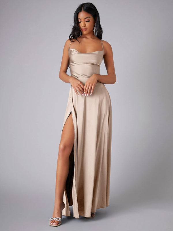 Elegant Satin Evening Gown Backless Floor-Length Dress Elegant | Chuzko.com