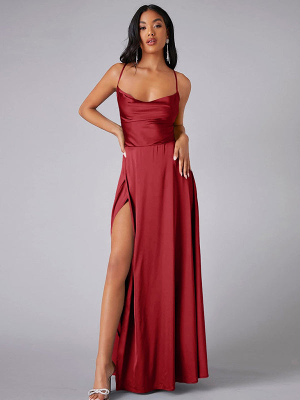 Elegant Satin Evening Gown Backless Floor-Length Dress Elegant | Chuzko.com