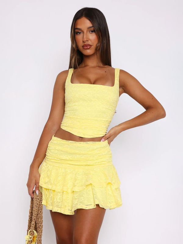 Lace Layered Ruched Mini Skirt Mini Skirts | Chuzko.com